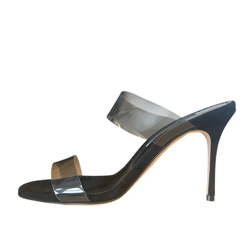 Manolo Blahnik  Scolto 90 Clear PVC Strap High Heel Mule Sandals 38.5 EU